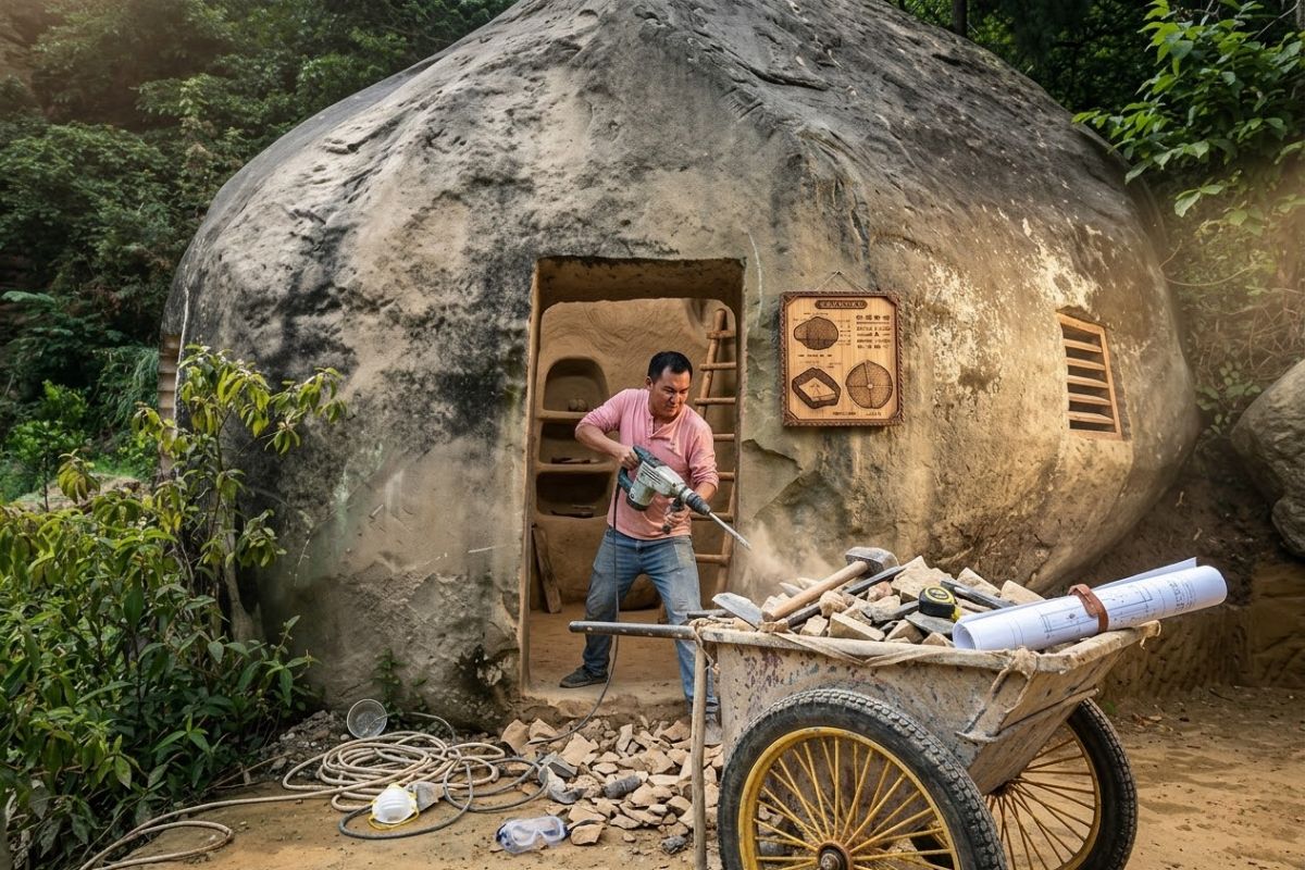 Casa de pedra em rocha maciça une escavação manual, ventilação natural e planejamento estrutural em uma moradia funcional.