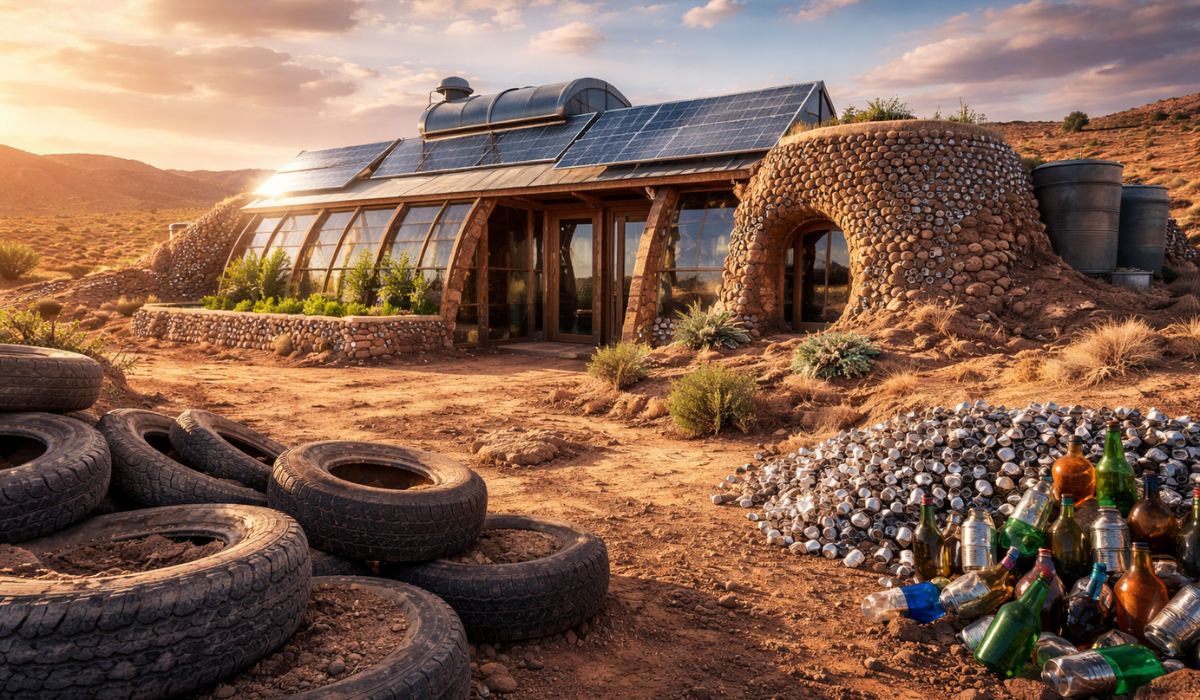 Casas Earthships usam pneus reciclados, energia solar e captação de chuva para manter 21 °C constantes no deserto sem rede pública.