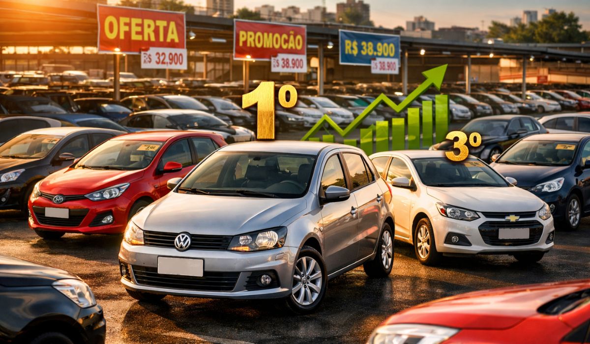 Ranking revela os carros usados mais vendidos do Brasil em fevereiro de 2026. Veja os modelos que lideraram as transferências segundo Fenauto. (Imagem: Ilustração)