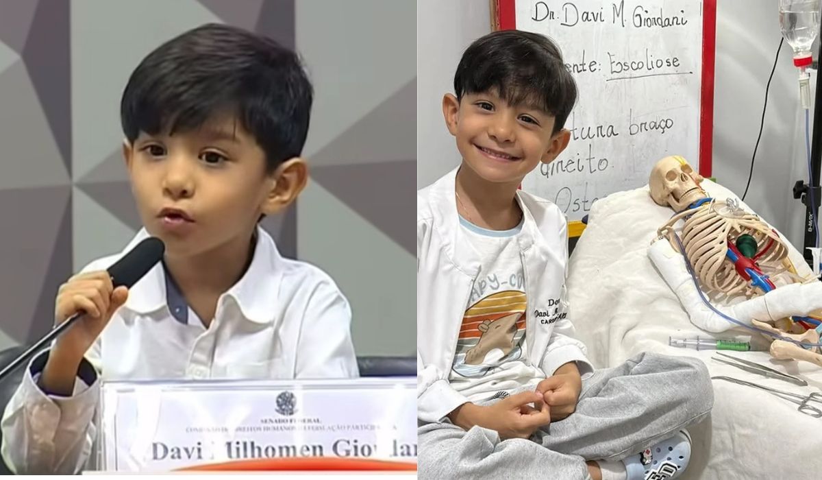 Menino de 6 anos de Goiânia viraliza após discursar no Senado sobre superdotação e educação. Conheça a história de Davi, o “minimédico”. (Imagem: Colagem/Reprodução/Instagram Davi Milhomem)
