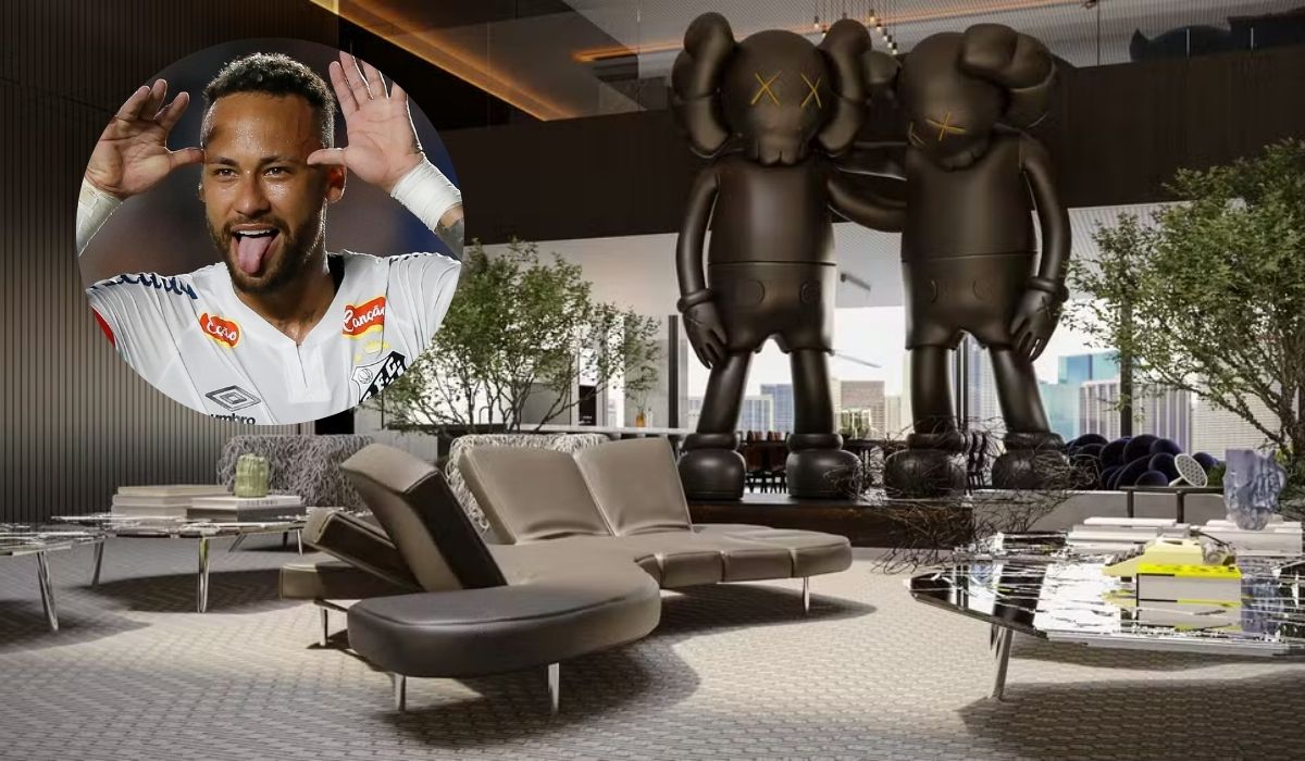 Neymar planeja construir mansão de 1.500 m² em Bal Harbour, Miami, com oito suítes, área de lazer e projeto arquitetônico. (Imagem: Colagem/Divulgação/Leo Romano e Getty Images)