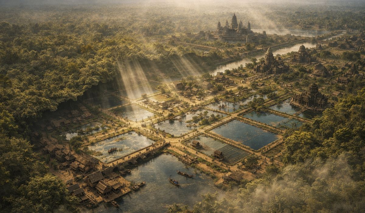 LiDAR revelou sob a selva de Angkor uma vasta rede de canais, reservatórios e vias que sustentou a maior cidade antiga do Khmer. (Imagem: Ilustração)