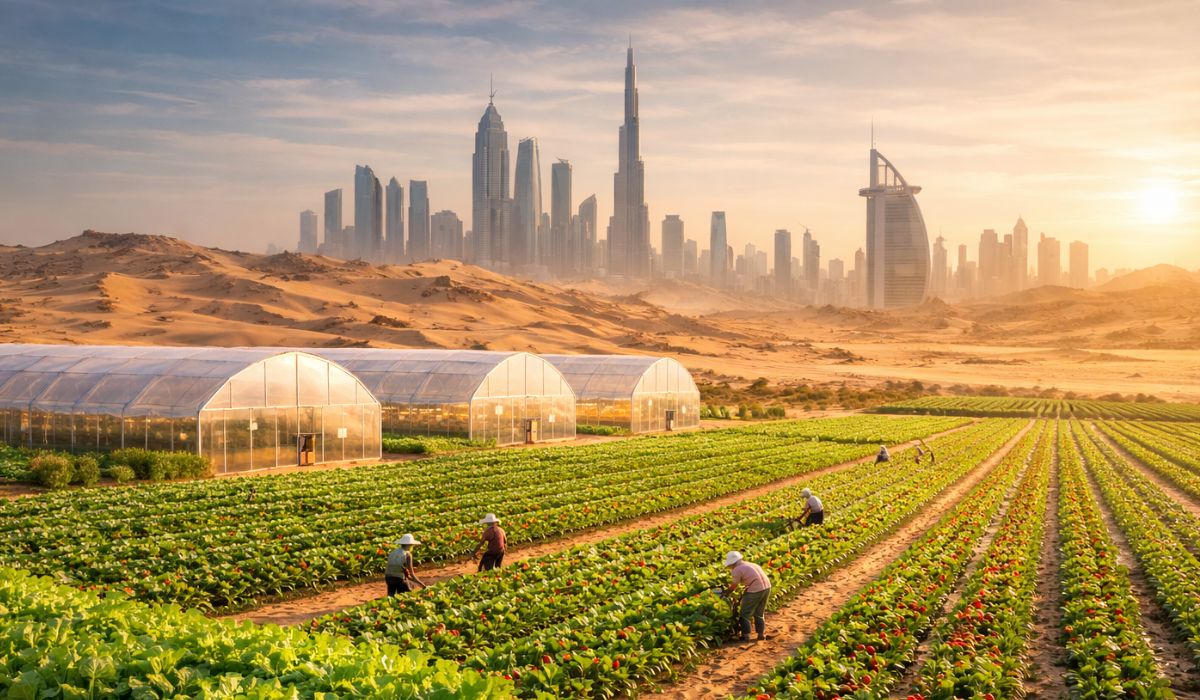 Emirados Árabes aceleram a produção de alimentos no deserto com tecnologia, logística e investimentos para reduzir importações. (Imagem: Ilustração)
