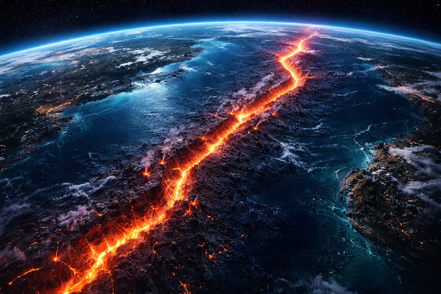 Quase ninguém percebe, mas a maior cordilheira da Terra não está em nenhum continente: escondida no fundo dos oceanos, a cadeia mesoceânica, Dorsal Mesoatlântica, se estende por cerca de 65.000 km através de todos os mares do planeta e concentra a maior parte do vulcanismo terrestre enquanto cria continuamente nova crosta oceânica nas profundezas do fundo marinho