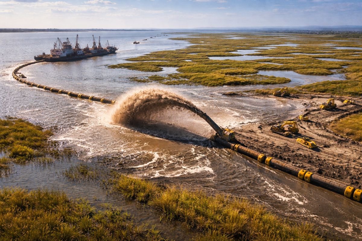 Áreas úmidas da Louisiana são reconstruídas por dragas que puxam sedimento do Mississippi em Upper Barataria para devolver altitude, estabilidade e proteção a uma costa que perdia terra havia décadas.