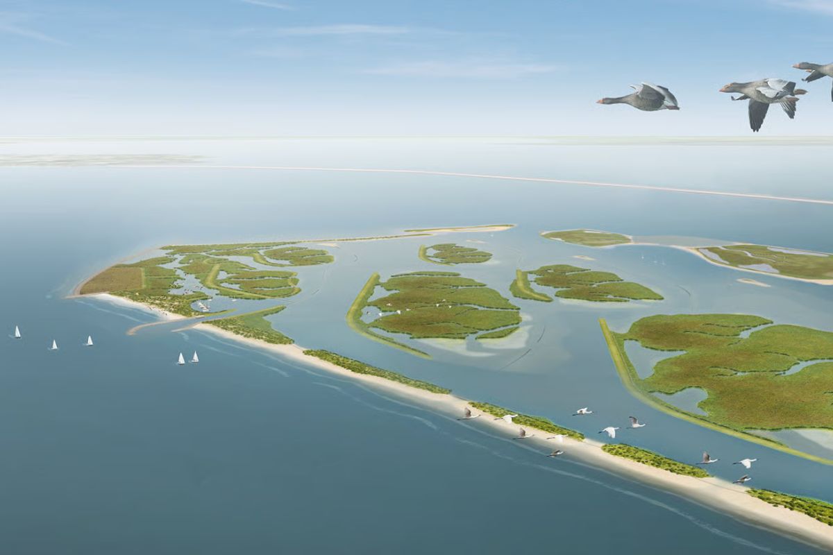 Ilhas no Markermeer usam sedimentos para conter erosão, reduzir turbidez e redesenhar margens em um projeto holandês de restauração hídrica em larga escala.