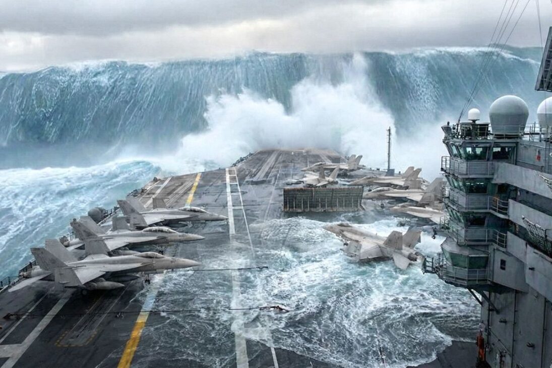Aircraft carrier faces storm with jets secured on the deck and part sheltered in the hangar, where a single poorly secured link can turn billions into immediate loss in the ocean.