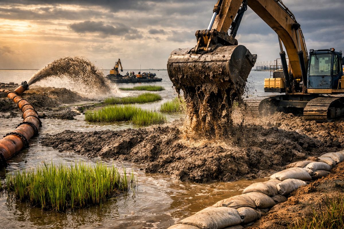 pântanos ganham força com sedimento dragado, dragagem, margens degradadas e Engenharia com a Natureza em West Bay.