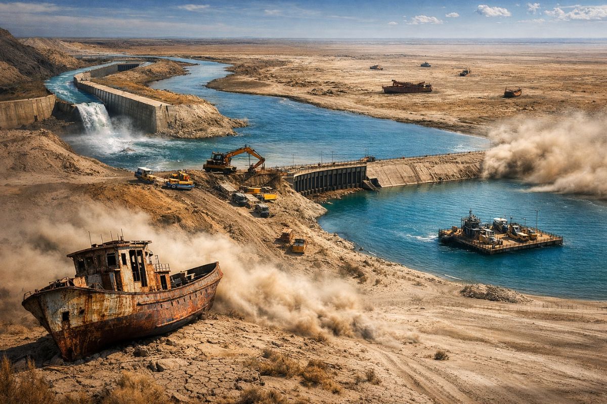 Rios gigantes secaram o Mar de Aral; Cazaquistão e Uzbequistão divergem, e a barragem tenta salvar só uma fração do desastre.