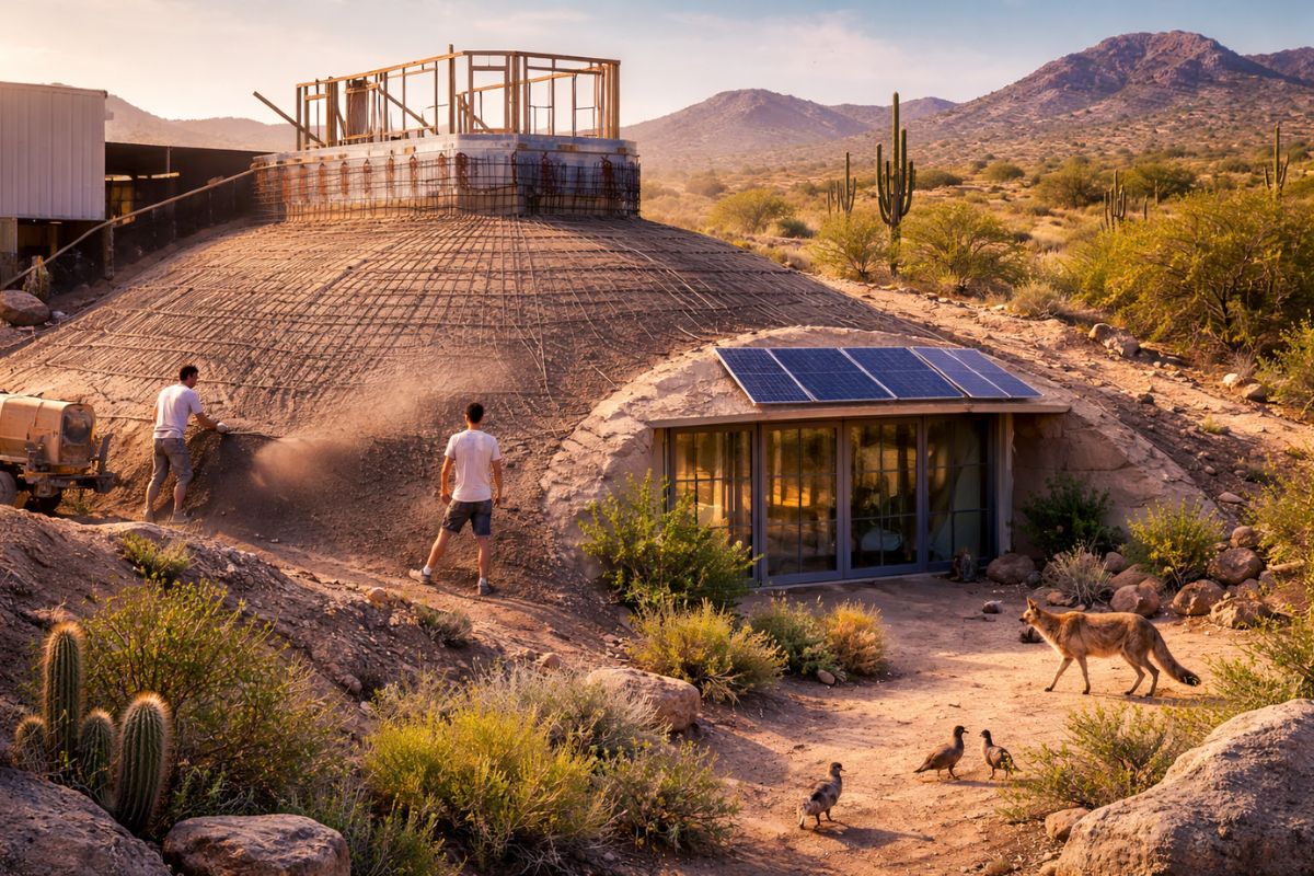 engenheiro no Deserto de Sonora enterra cúpula de aço para usar isolante de terra e manter temperatura estável, criando uma casa subterrânea que some na paisagem e atrai fauna na porta.