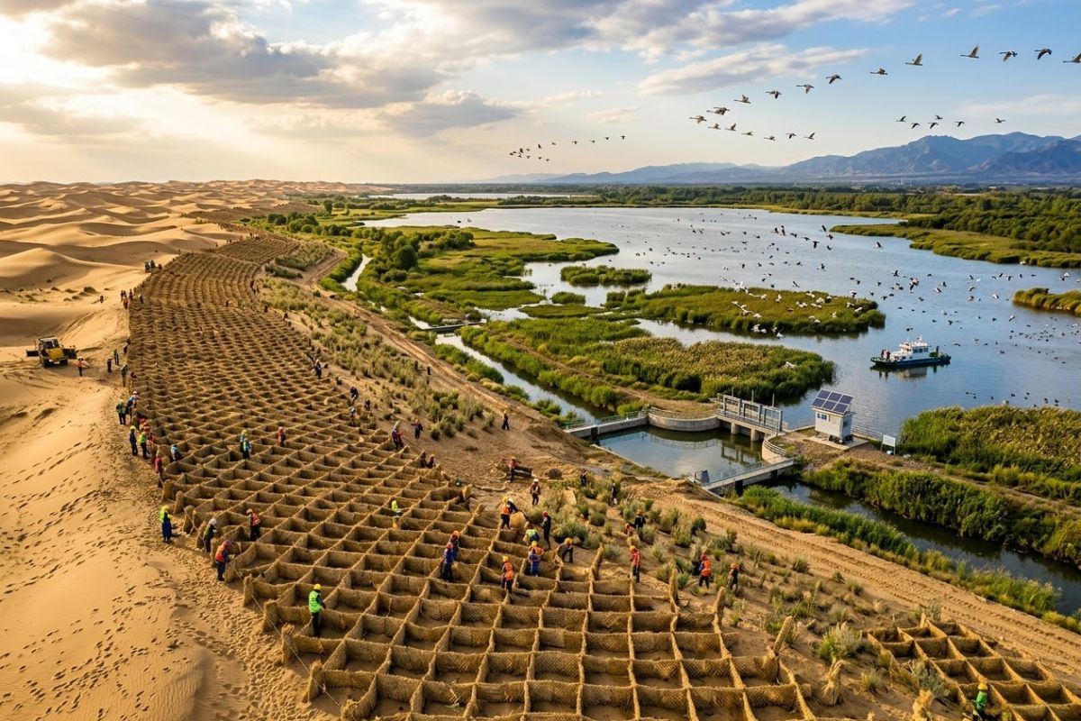 Engenharia no deserto usa grades de palha para conter sedimentos e proteger aves migratórias.