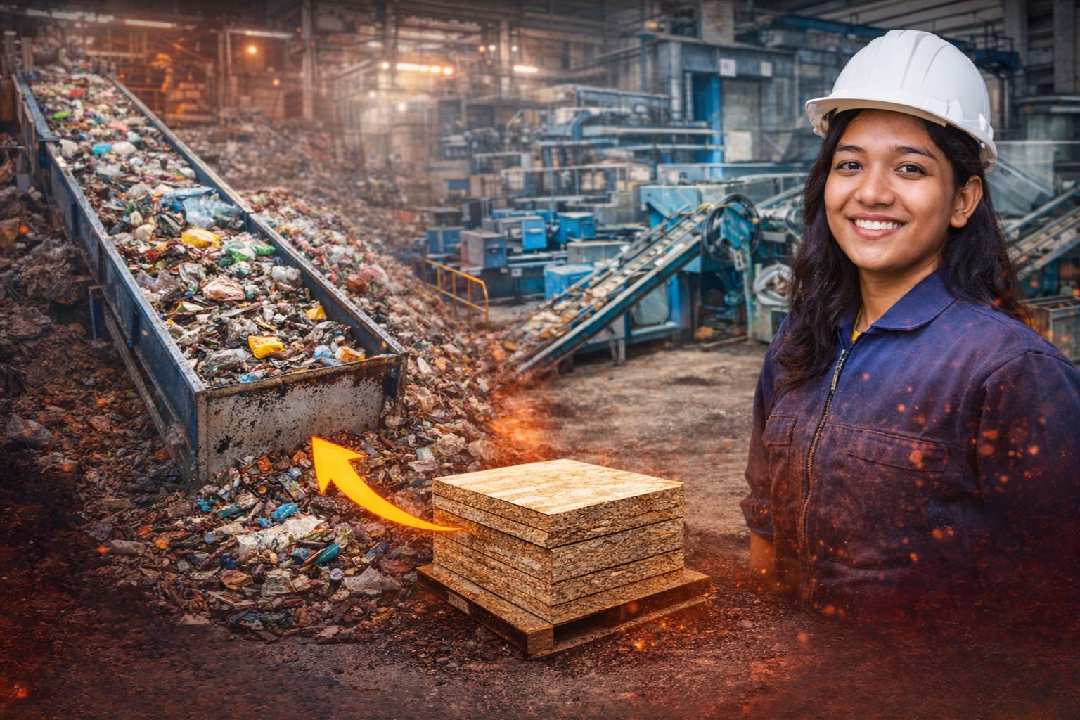 Engenheira de 23 anos inventa máquina que segrega lixo urbano misto com 99,6% de eficiência e transforma plásticos que nenhum reciclador quer em compensado certificado 40% mais barato, com a TrashCon, em Bangalore