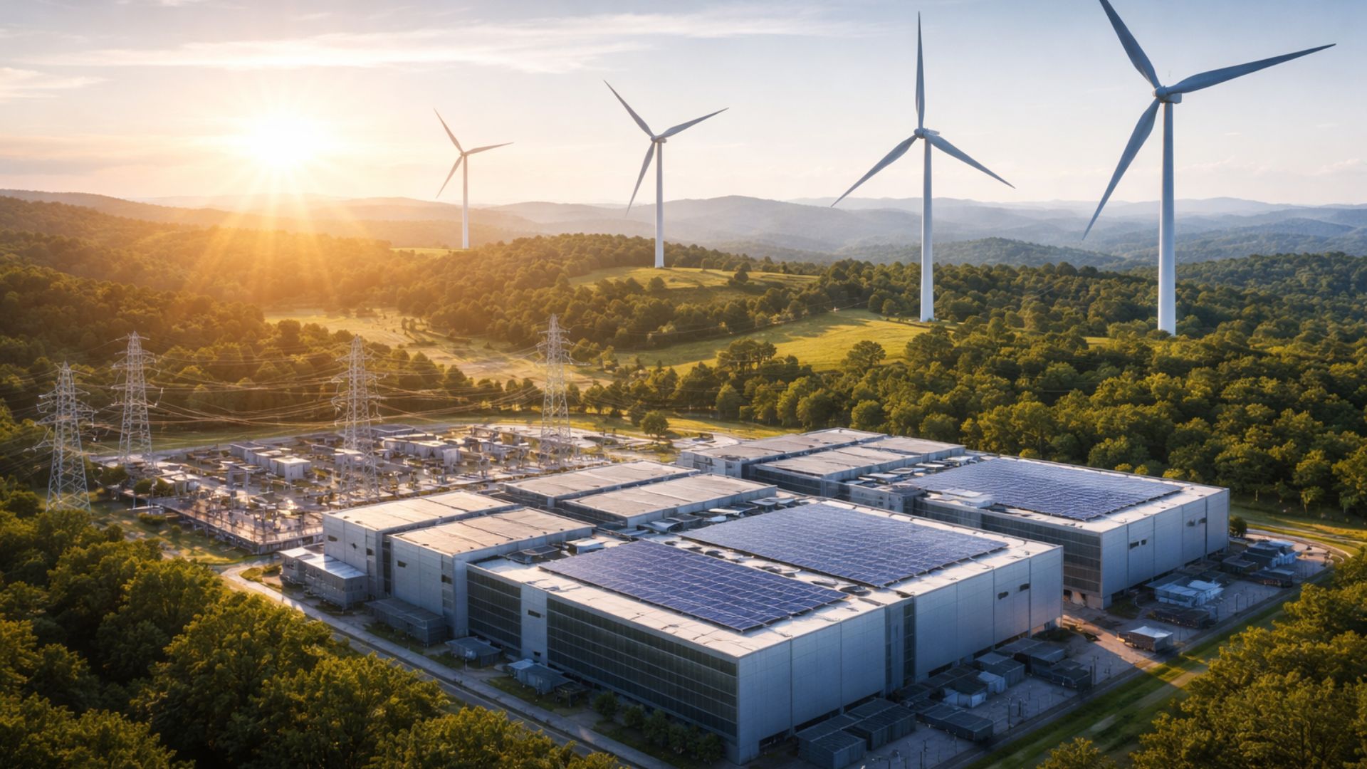 Parque eólico com turbinas eólicas ao fundo e um grande data center com painéis solares no telhado, representando infraestrutura digital abastecida por energia renovável.