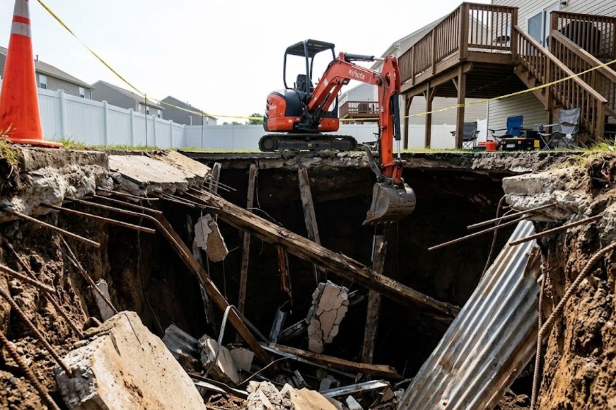 Um buraco estranho revela estrutura subterrânea de concreto, levanta suspeita de bunker escondido e termina identificado como fossa séptica.