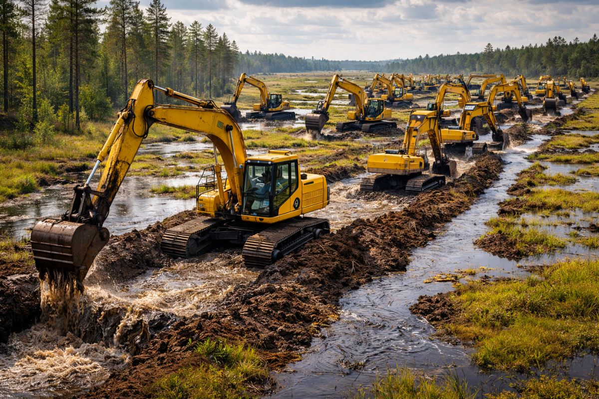 Escavadeiras na Suécia fecham valas em turfeiras, elevam o lençol freático e testam se a restauração hidrológica pode religar uma paisagem inteira.