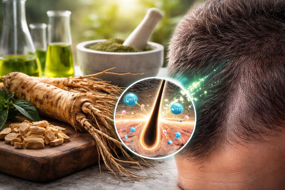 Guia sobre implante capilar e calvície androgenética: He Shou Wu discute DHT e proteção do folículo capilar.