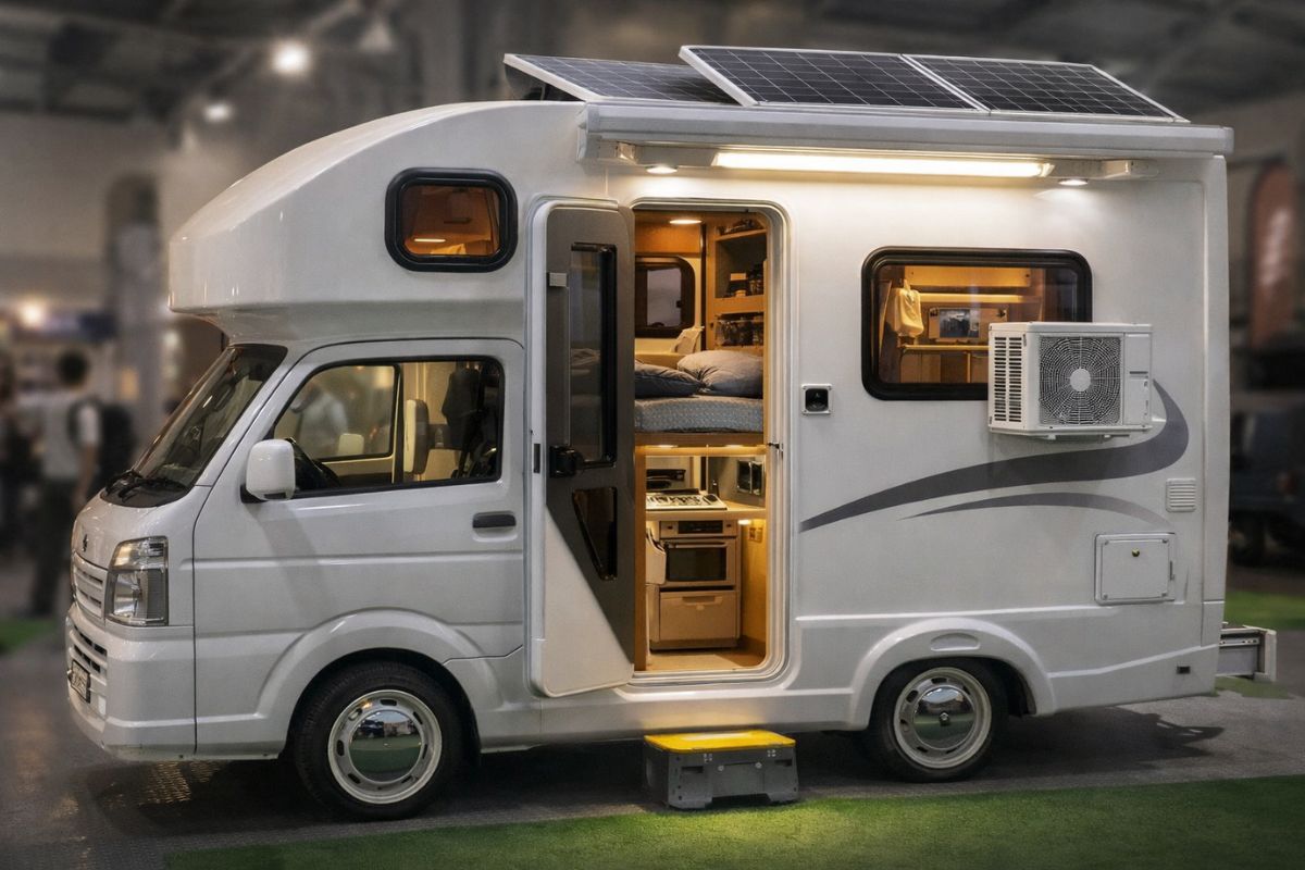 Micro motorhome japonês Coastline Fabola mostra como um motorhome compacto com energia solar e ar-condicionado 12V transforma um veículo pequeno em casa móvel. imagem: IA