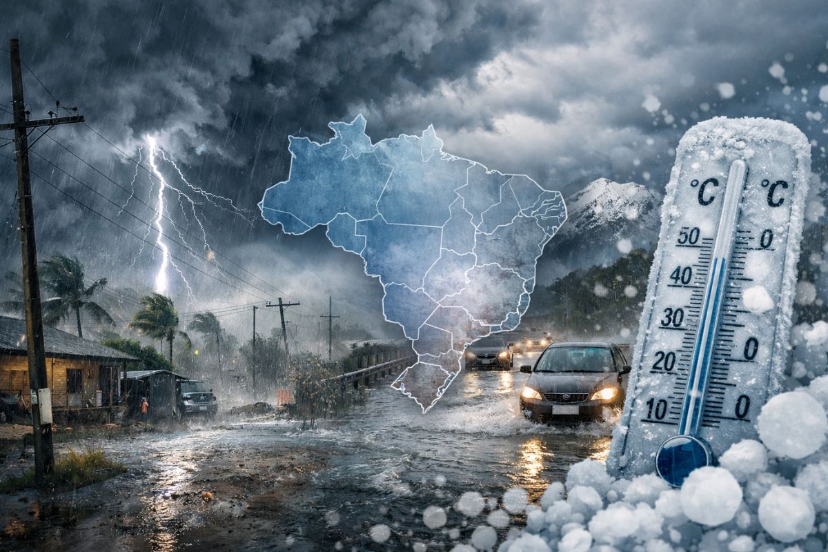 A frente fria avança com chuva intensa, temporais, vento forte e queda de temperatura no Sul e Sudeste no fim de semana.