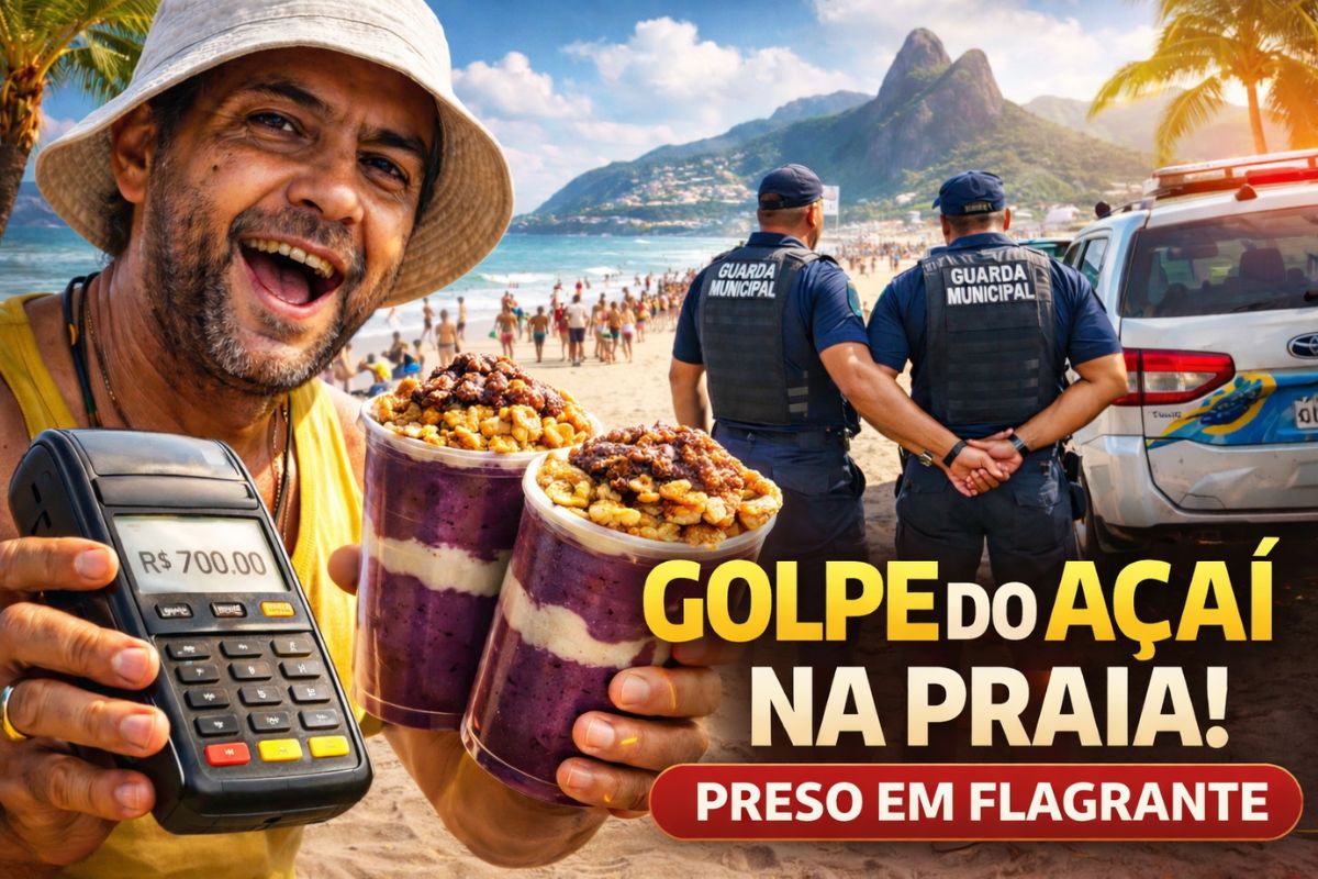 Golpe do açaí na praia ambulante cobrou R$ 700 por dois copos de R$ 70, tentou R$ 7.000, enganou turistas no Arpoador e acabou preso pela guarda municipal em flagrante