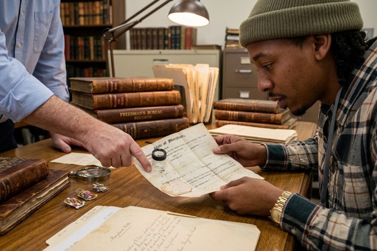 documento de liberdade liga Aaron Haines a Samuel Jones. American Ancestors confirma. Maryland vira pista para novas pesquisas familiares.