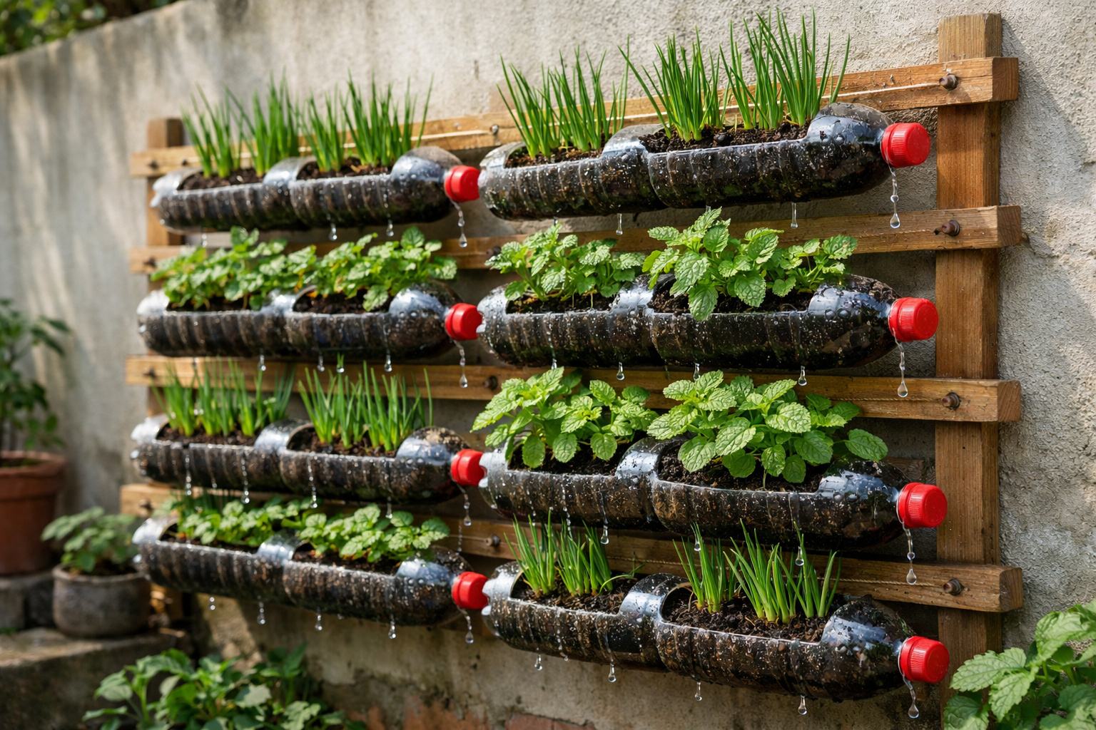 Produtores e moradores começaram a cortar garrafas PET, pendurar na parede e criaram horta vertical que ocupa até 80% menos espaço, produz cerca de 3 kg de temperos por mês em apenas 2 m² e usa irrigação por gravidade que consome cerca de 2 litros de água por semana