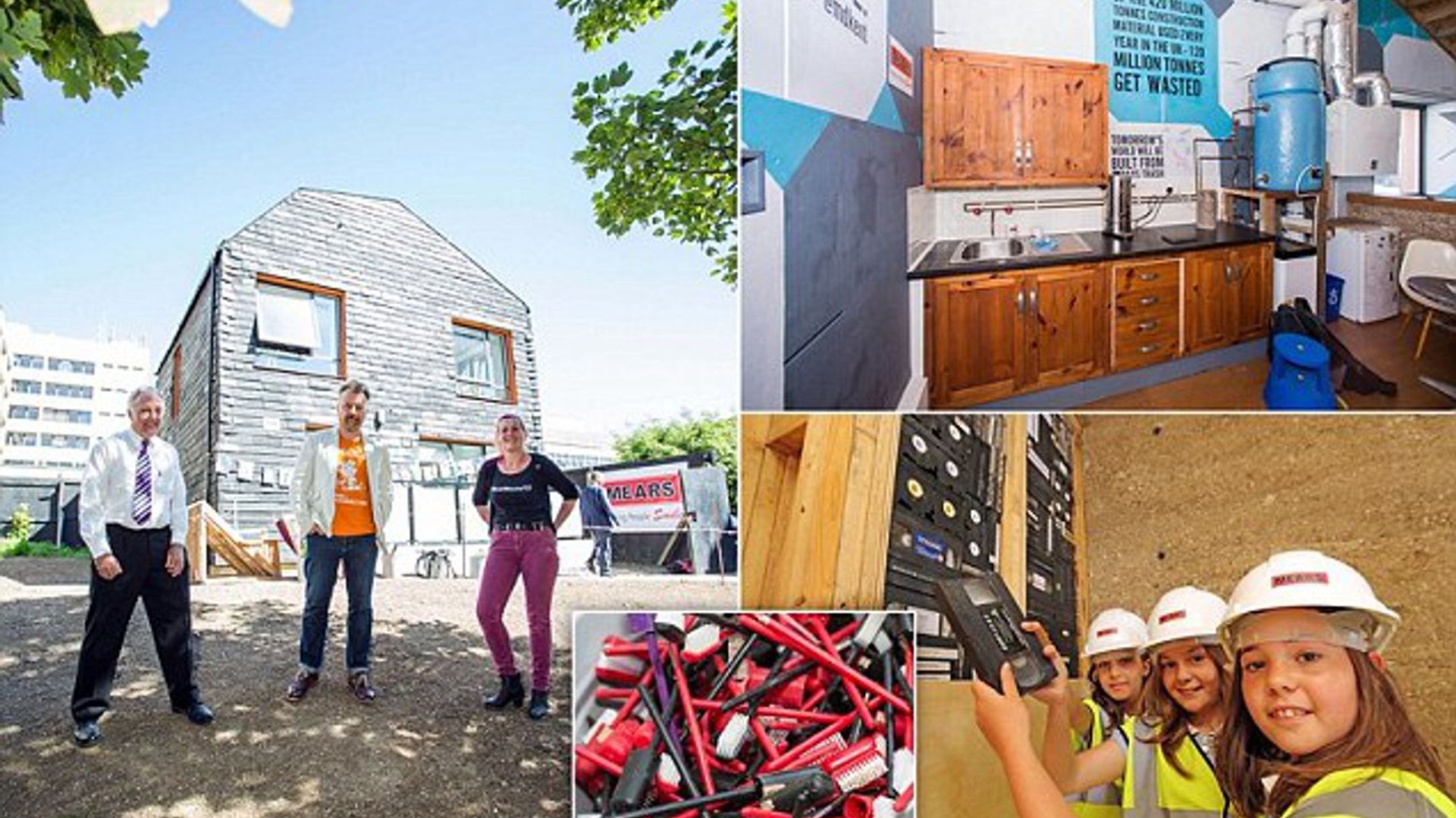 Universidade britânica constrói casa com 20 mil escovas de dente, jeans e fitas VHS para testar construção sustentável com resíduos.