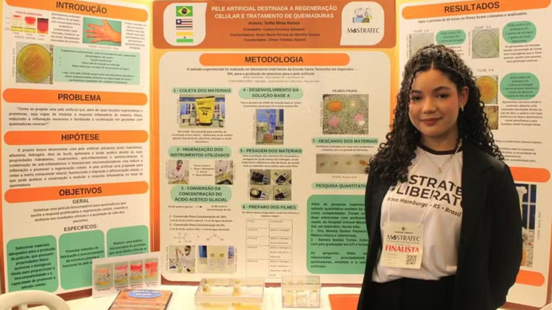 Estudante brasileira de 16 anos cria pele artificial para ajudar no tratamento de queimaduras, vence prêmio internacional e leva projeto à maior feira de ciência do mundo.