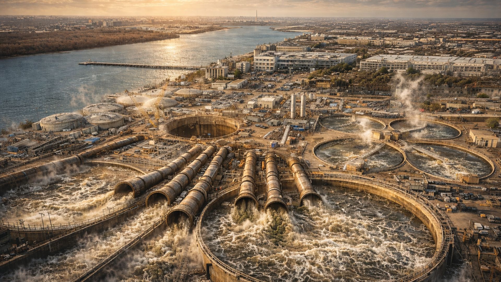 Estação Blue Plains trata até 780 milhões de galões de esgoto por dia, gera energia com metano e devolve água limpa ao rio Potomac.