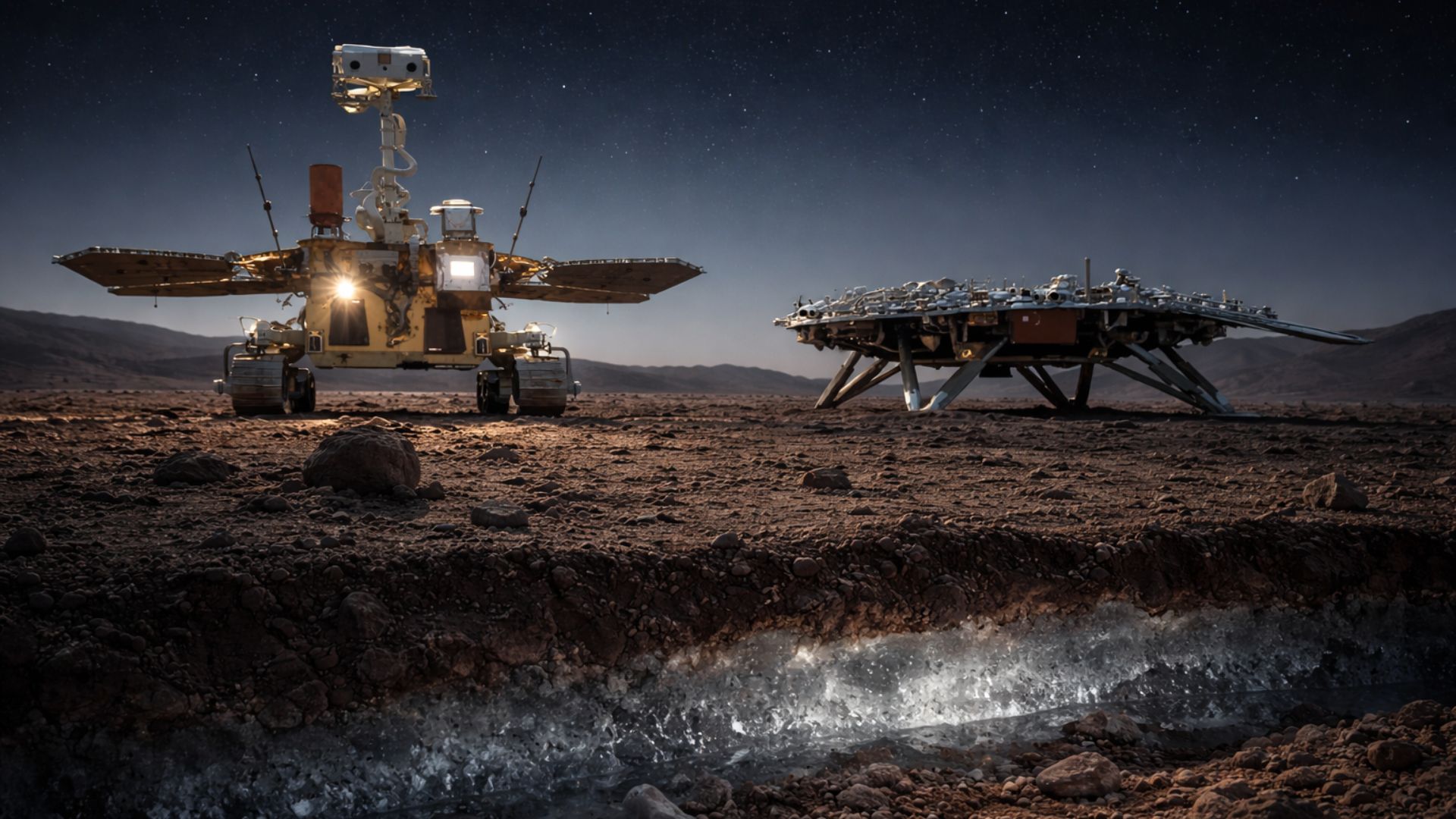 Rover chinês Zhurong detecta camada de gelo subterrâneo em Marte, na região Utopia Planitia, área ligada a possíveis oceanos antigos do planeta.