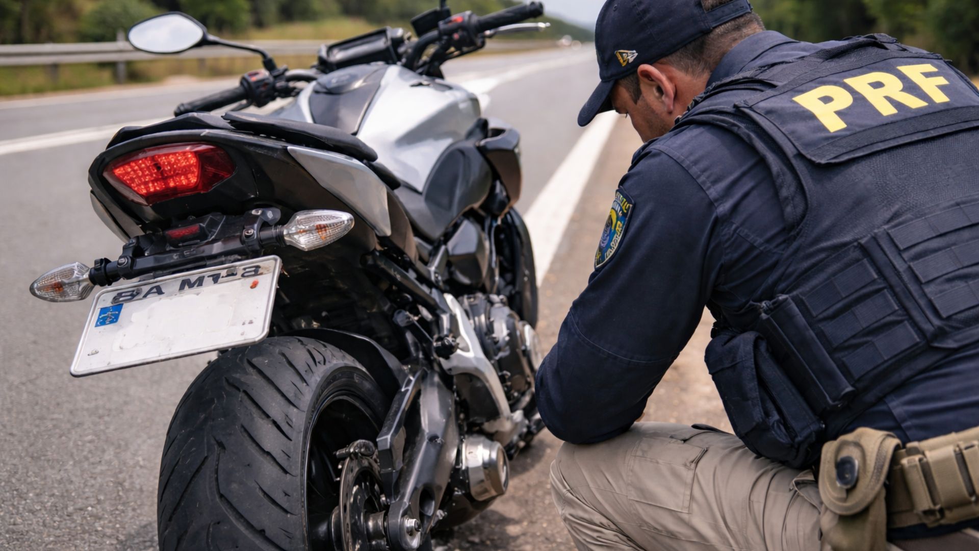 Moto com placa rebatível é apreendida pela PRF na BR-116 após tentativa de dificultar fiscalização. Irregularidade incluía ausência de setas traseiras.