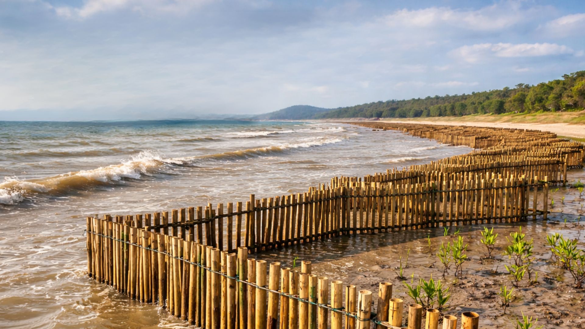 Suriname usa diques permeáveis para conter erosão costeira, recuperar manguezais e reduzir perda de até 27 metros de terra por ano.
