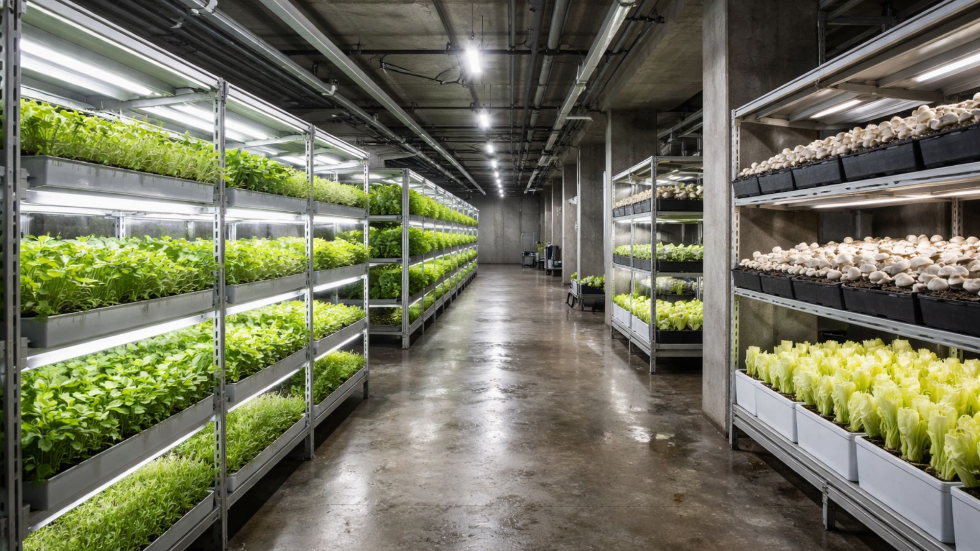 Estacionamento abandonado em Paris vira fazenda subterrânea com LED e hidroponia para produzir cogumelos, endívias e microverdes dentro da cidade.