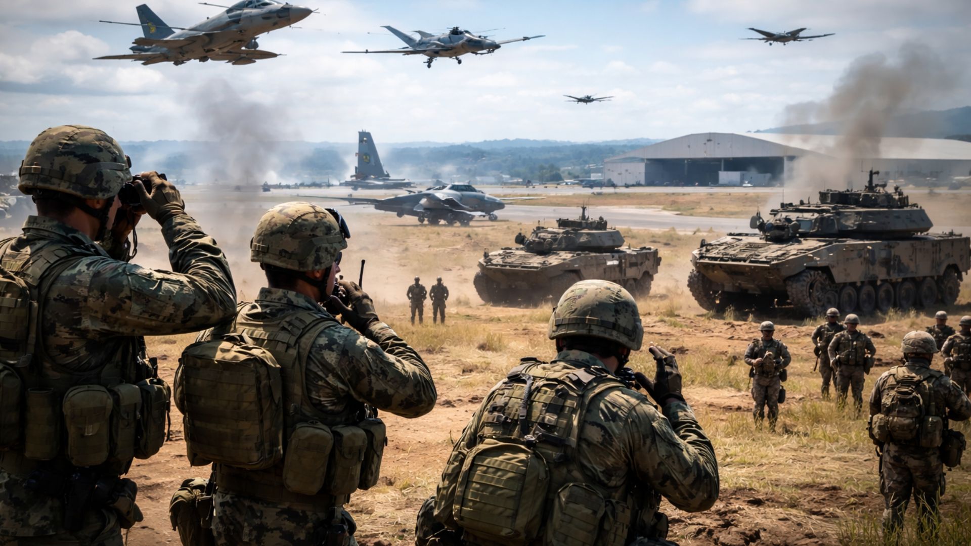 Mais de 300 militares participam de exercício na Base Aérea de Santa Maria com drones, caças da FAB, blindados e simulação de guerra multidomínio. (Imagem: ilustração/ IA)