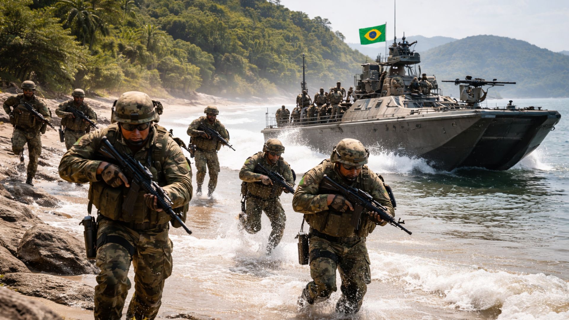 Marinha do Brasil moderniza Fuzileiros Navais com drones de ataque, embarcações de 74 km/h e mísseis de 70 km para defesa do litoral. (Imagem> ilustração/ IA)