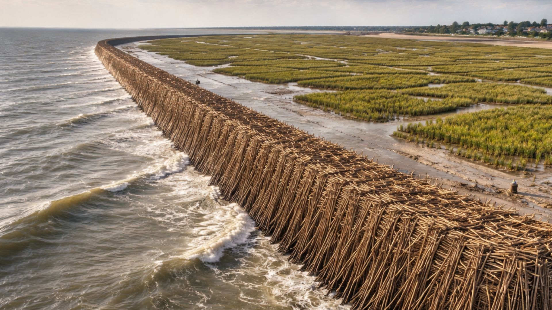 Holanda cria sapal de 15 hectares com barragens de galhos e 1,35 milhão de plantas para reforçar a proteção costeira contra o avanço do mar.