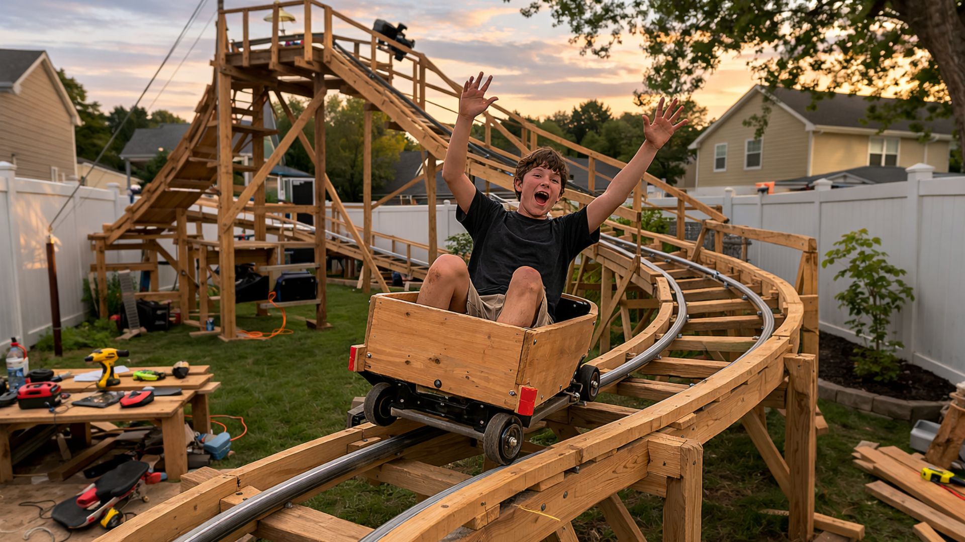 Adolescente de 17 anos constrói montanha-russa de madeira funcional no quintal e projeto artesanal viraliza nas redes sociais.