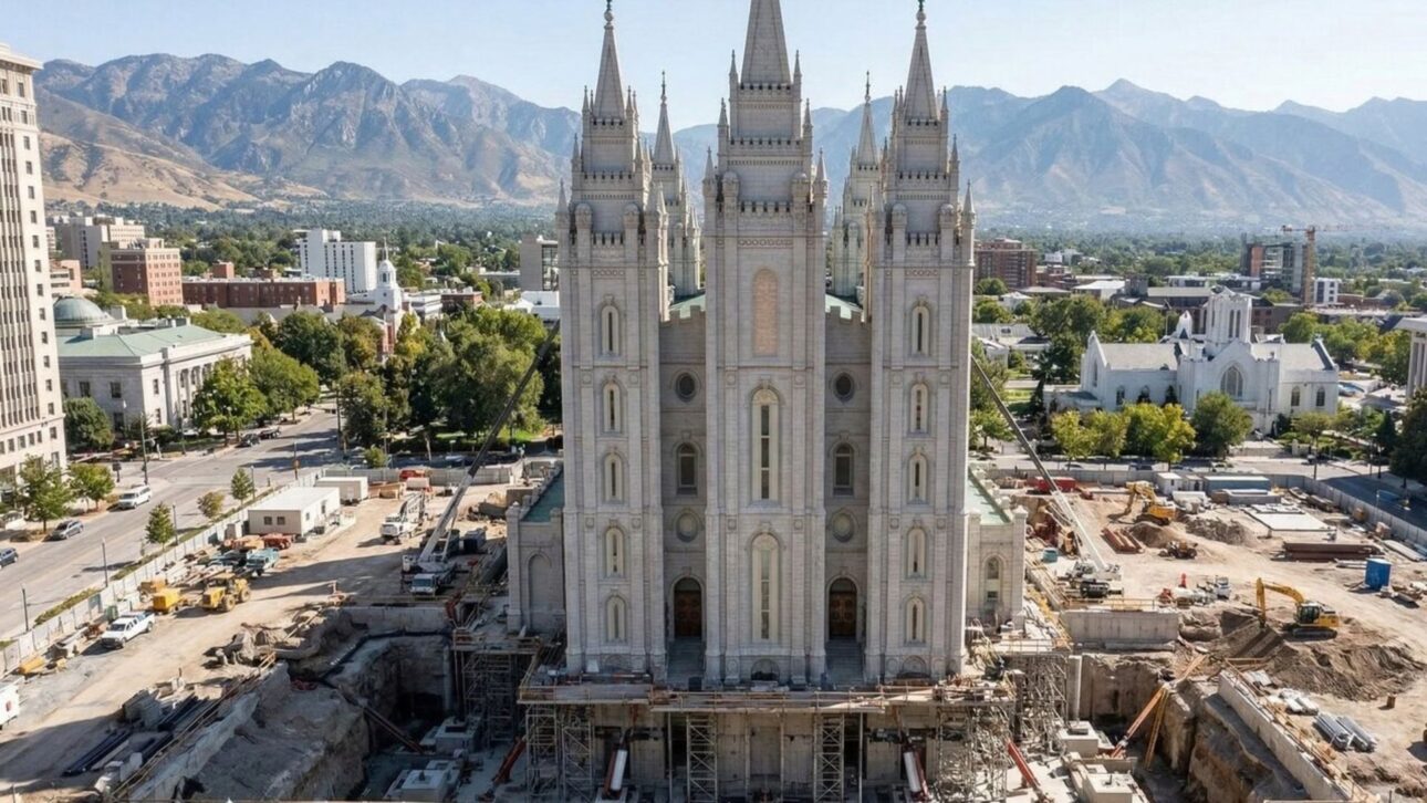 Salt Lake Temple is undergoing a billion-dollar renovation with deep excavation and 98 seismic isolators to withstand earthquakes in the Utah region.