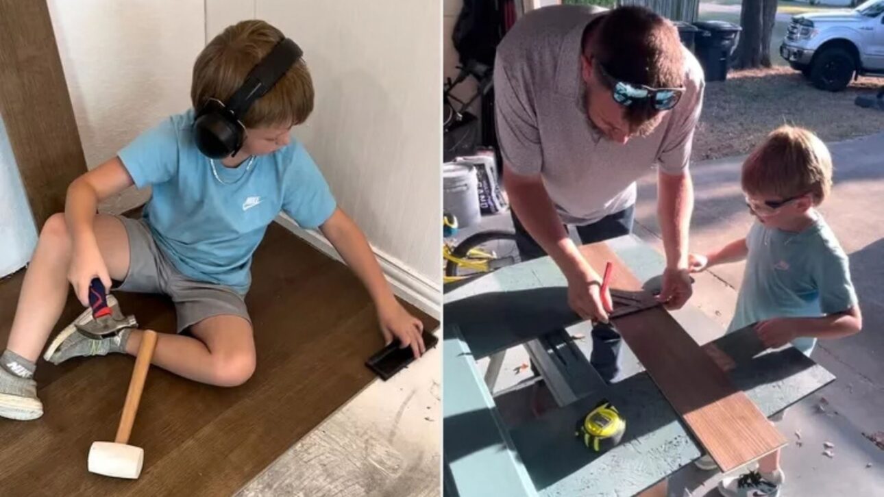 Video shows 7-year-old boy installing flooring during his home renovation and surprises everyone by learning the technique just by observing his father.