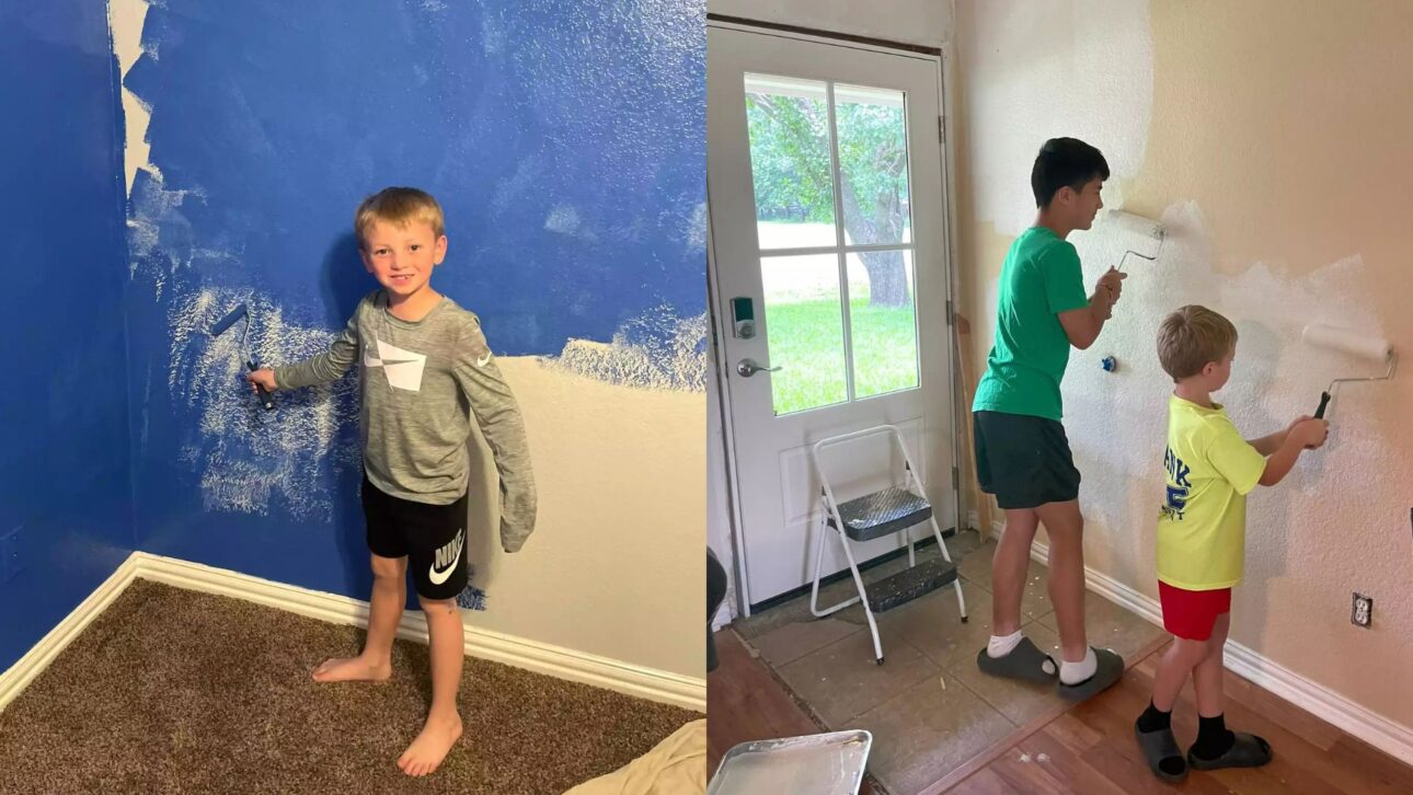 Video shows 7-year-old boy installing flooring during his home renovation and surprises everyone by learning the technique just by observing his father.