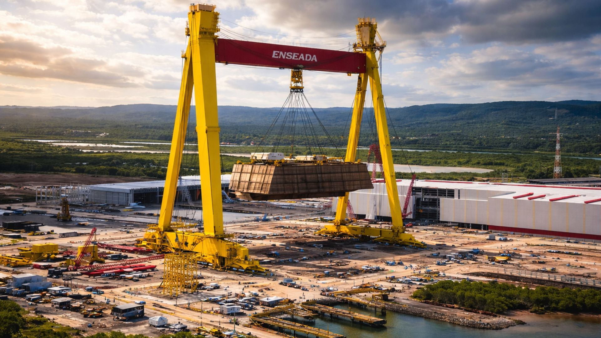 Guindaste Goliath de Maragogipe impressiona com 150 m de altura e capacidade para 1,8 mil toneladas, peça central da montagem naval no estaleiro Enseada.