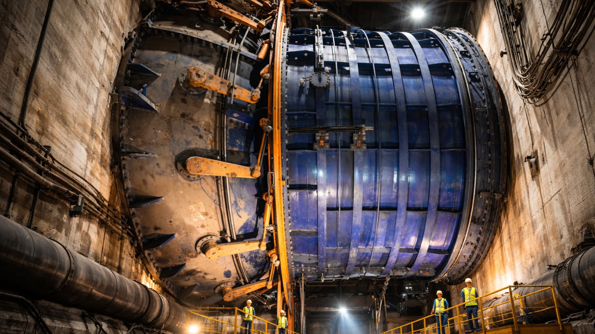 Turbinas bulbo gigantes da Usina Hidrelétrica Jirau, no rio Madeira, revelam como máquinas submersas transformam a força do rio em energia para milhões. (Foto: reprodução IA)