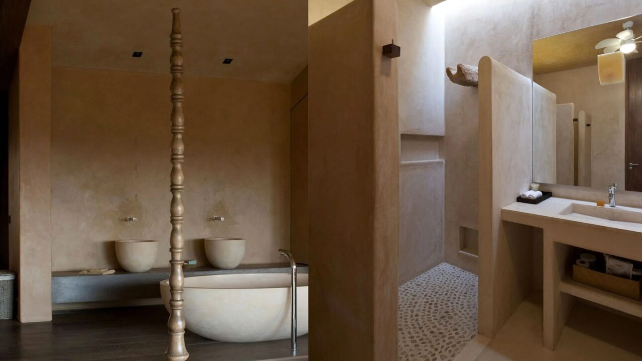 Tadelakt: Moroccan technique that mixes lime and soap creates waterproof coating without grout and has been replacing tiles in bathrooms.
