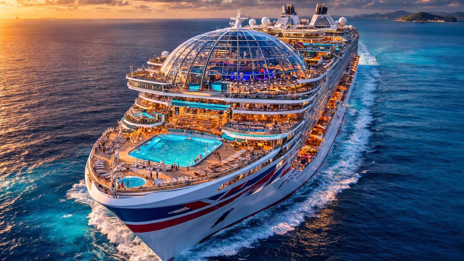 Arvia: megacruzeiro de 344 metros da P&O Cruises tem cúpula de vidro retrátil, cinco piscinas e mais de 30 restaurantes a bordo.