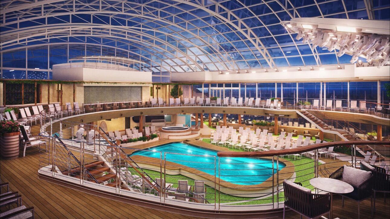 Arvia: megaship of 344 meters from P&O Cruises has a retractable glass dome, five pools, and more than 30 restaurants on board.