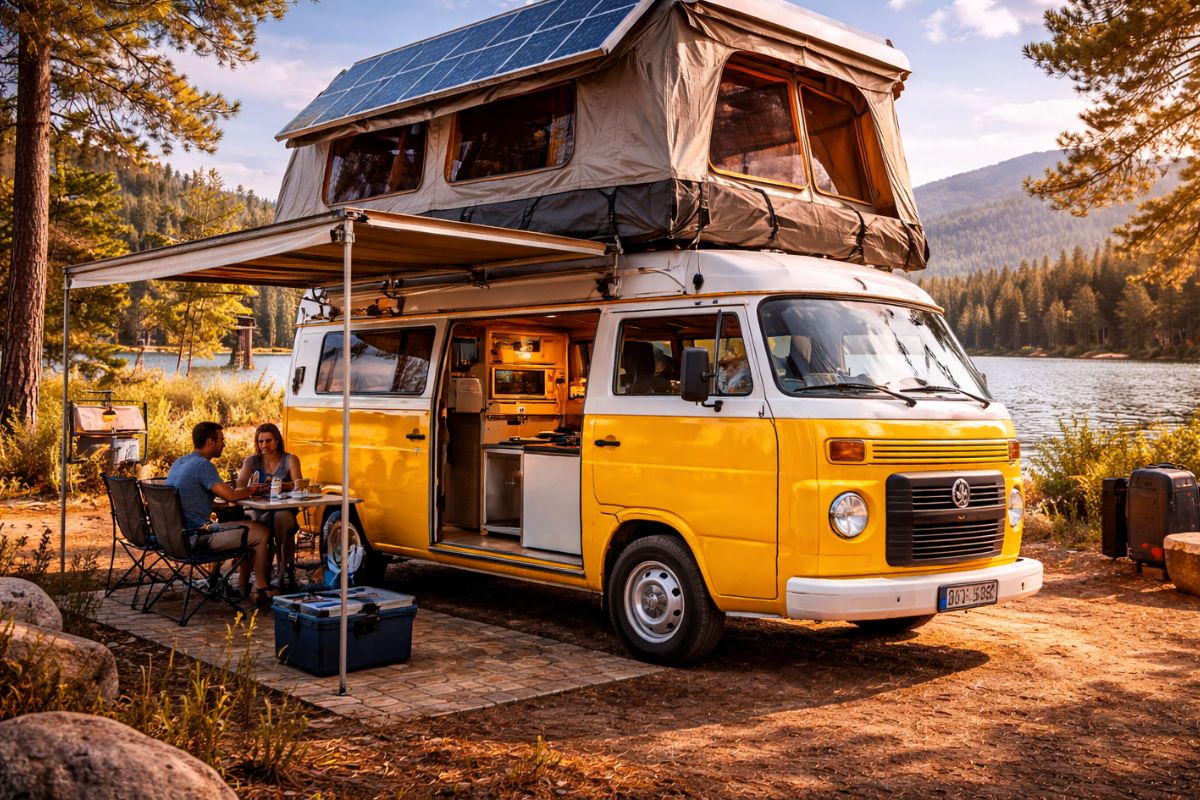 Kombi vira motorhome de dois andares com barraca elétrica, placa solar de 620W, cozinha completa, cama, geladeira, TV e espaço para até 9 pessoas viajar, dormir e viver