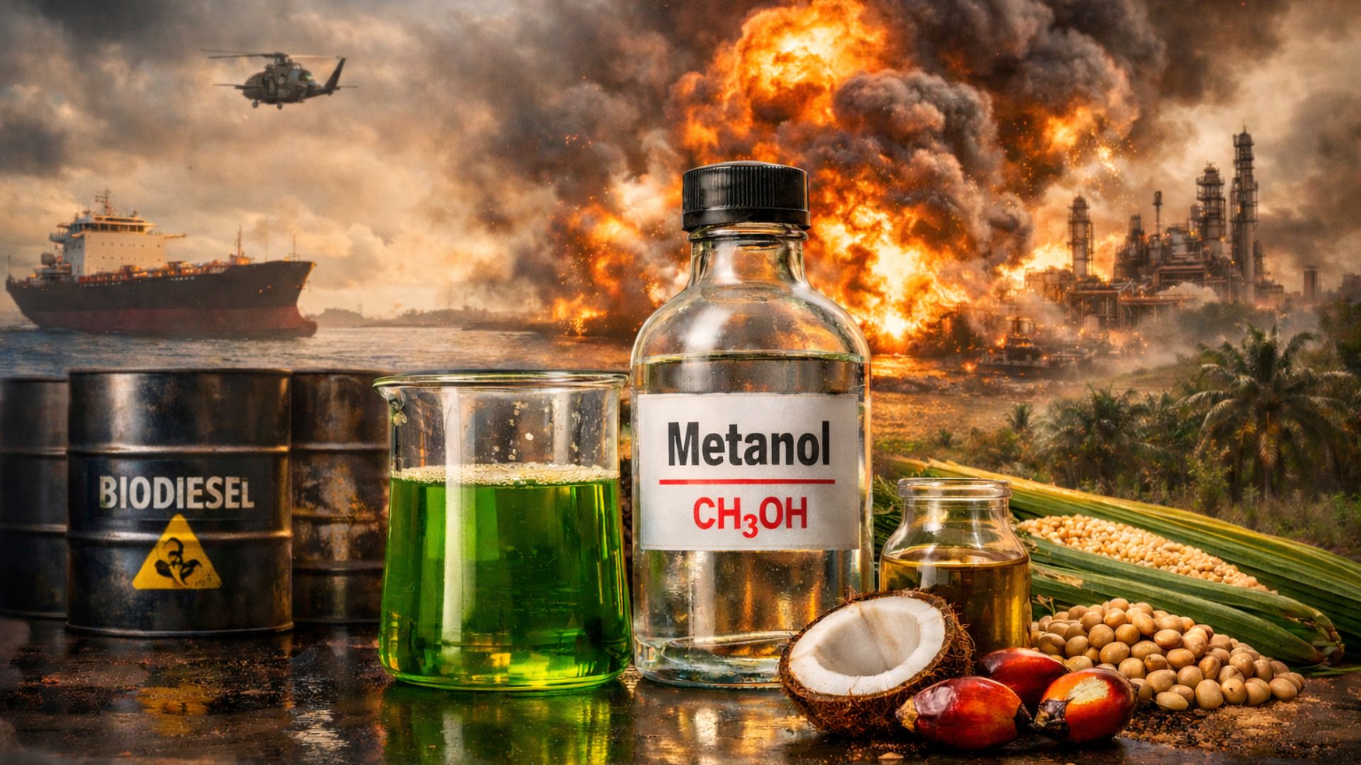 Frasco de metanol ao lado de biodiesel em laboratório, com grãos de soja e óleo vegetal em primeiro plano e uma refinaria em explosão ao fundo representando impactos da guerra no Oriente Médio no mercado de biocombustíveis.
