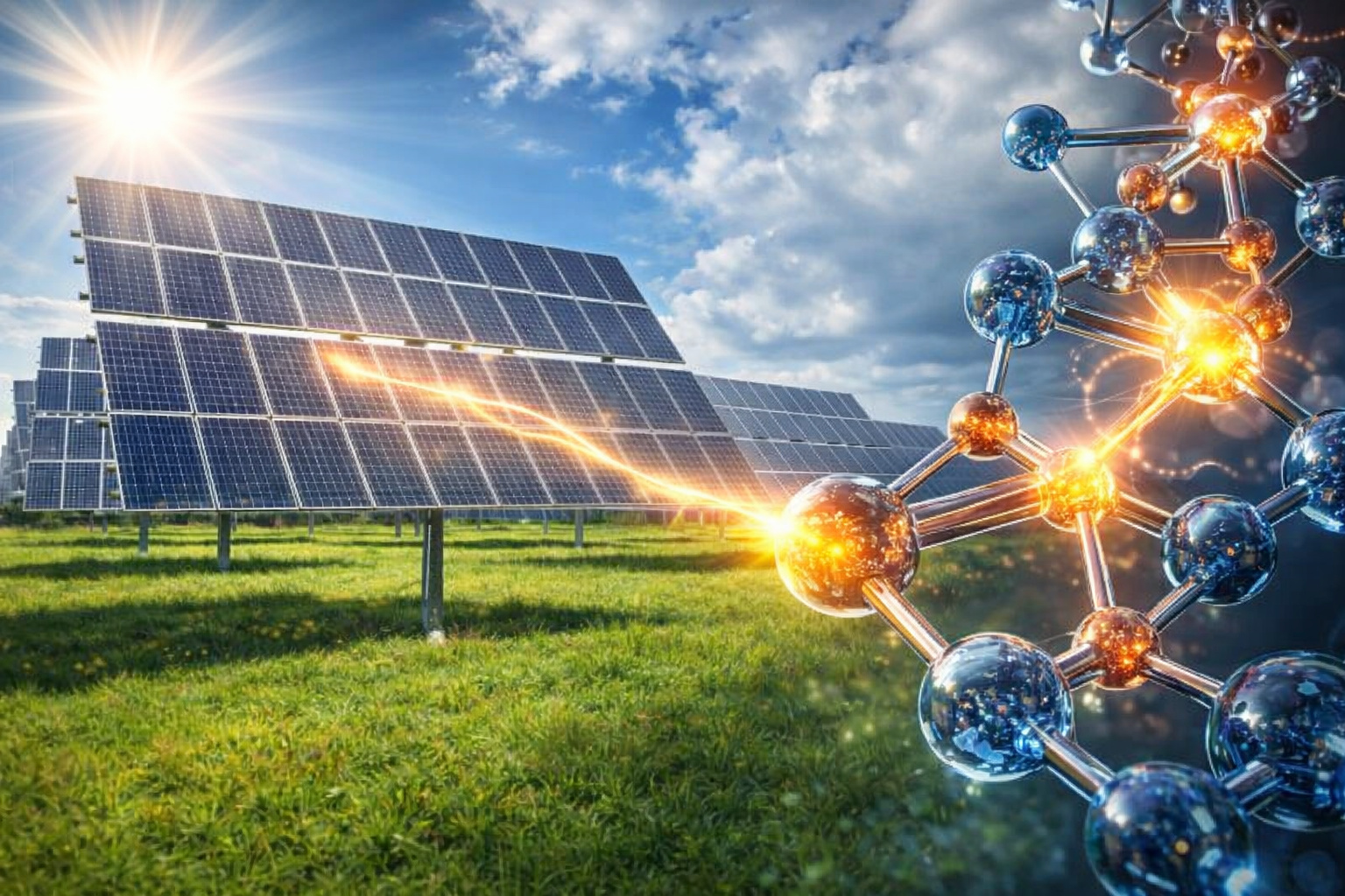 Painéis de energia solar conectados a uma estrutura molecular representando um motor de transferência de energia solar