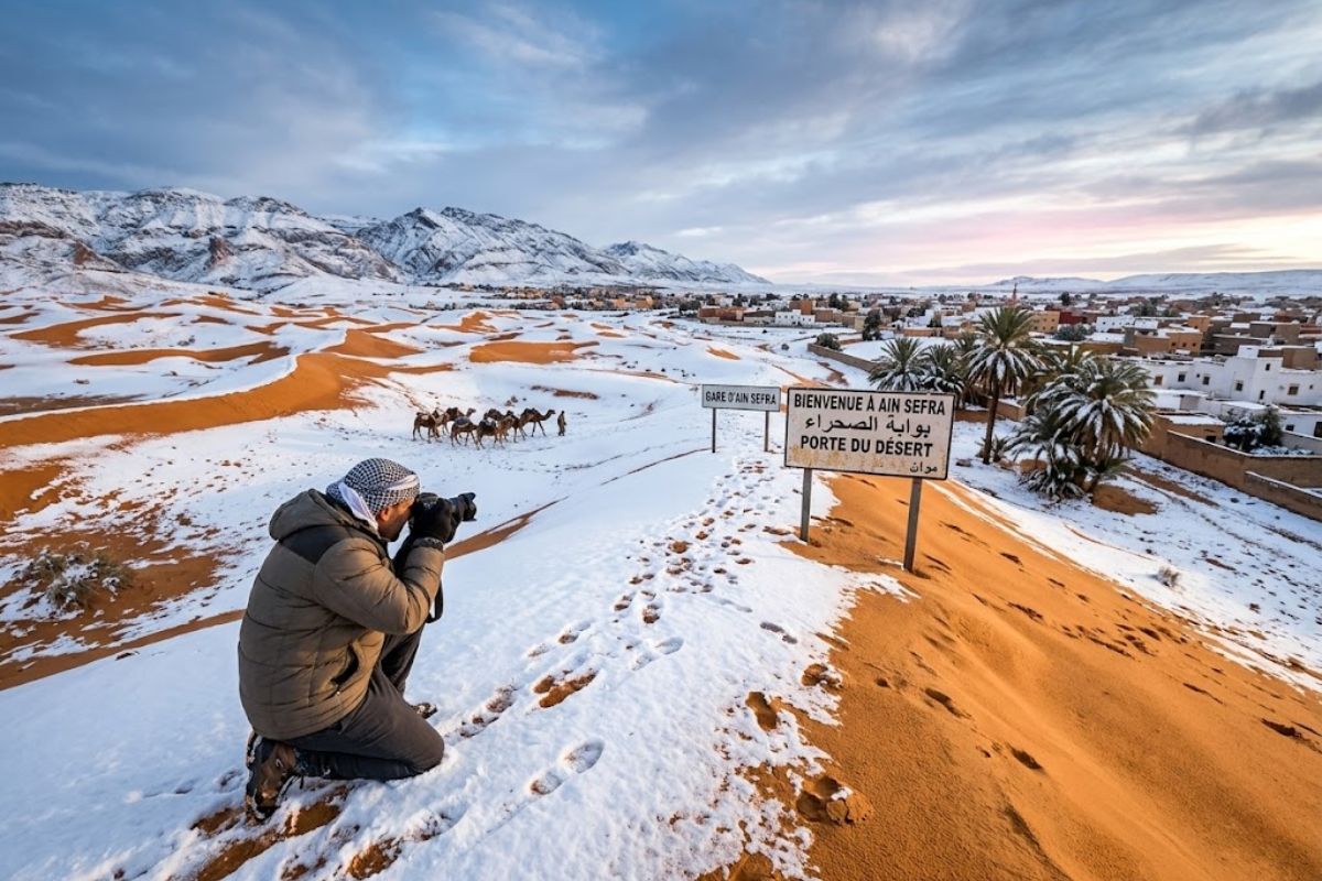Saara, neve, Ain Sefra, deserto e dunas se unem em um fenômeno raro que transformou a paisagem da Argélia.