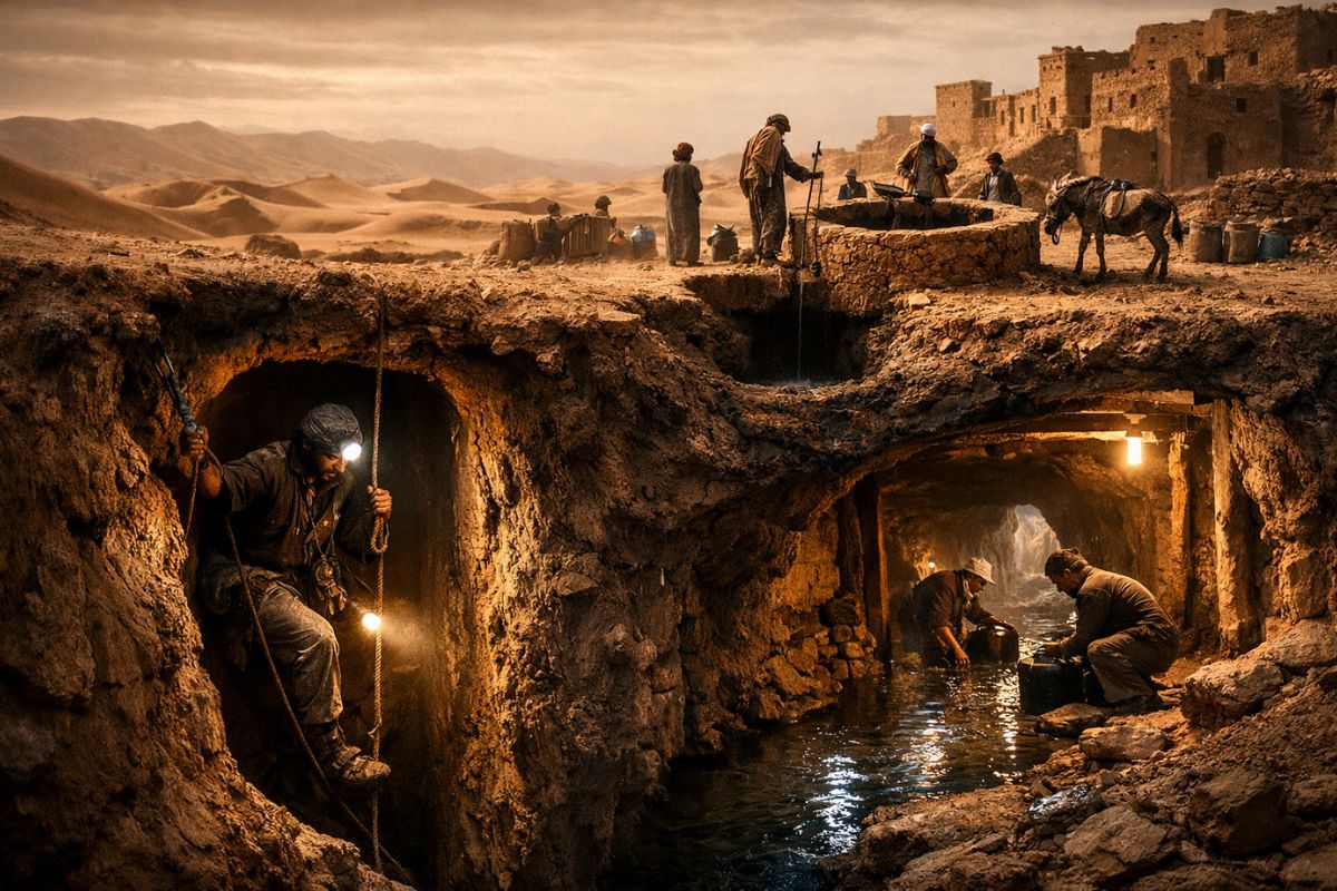 qanat no deserto do Marrocos: água, irrigação e canais subterrâneos explicam como aldeias mantêm a vida com um sistema ancestral.