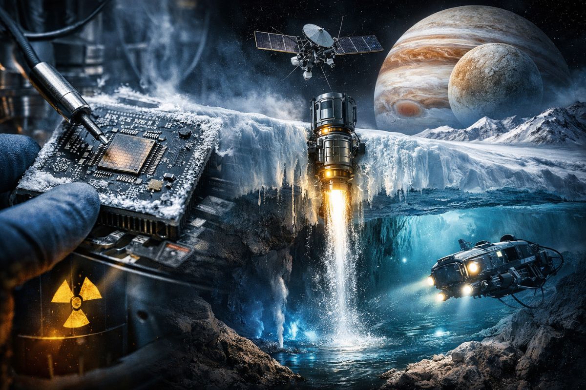 Nasa desenvolve chip resistente à radiação para explorar Europa e investigar oceano alienígena escondido sob o gelo de Júpiter. imagem: IA
